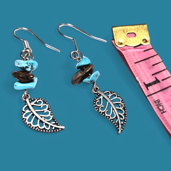 ☮️ Handmade Boho Earrings Silver Leaf with Brown & Turquoise Accents - Picture 2 of 2